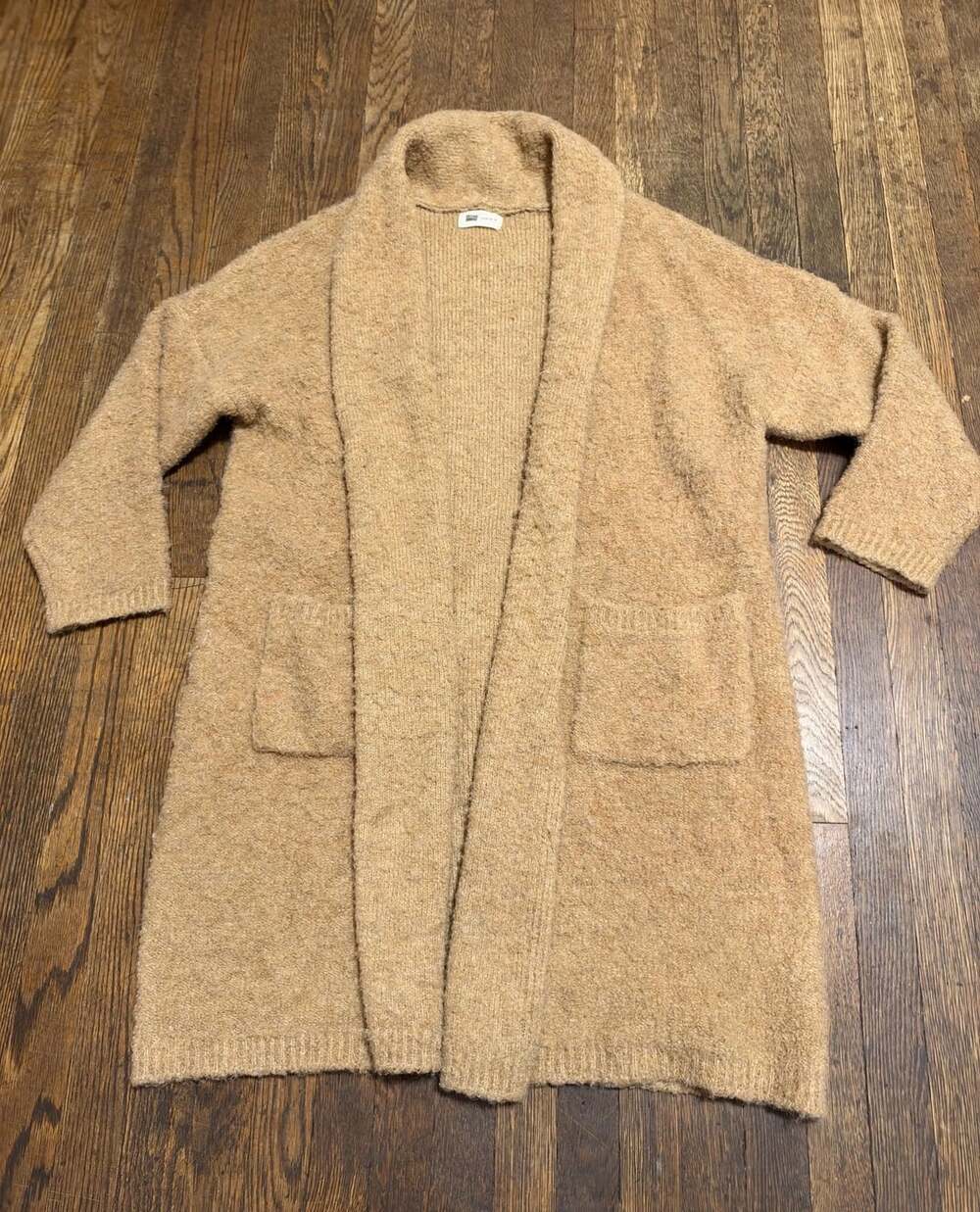 Look By M New York Long Cardigan Sweater Camel Open Front Knit Pocket Porch